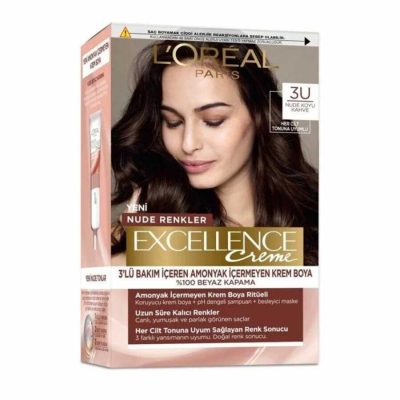 کیت رنگ مو بدون آمونیاک لورآل سری Excellence Creme شماره 3U پایه رنگ قهوه ای تیره نود