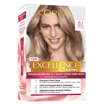 رنگ ‌موی شماره 8.1 لورآل loreal رنگ بلوند دودی تیره سری Excellence
